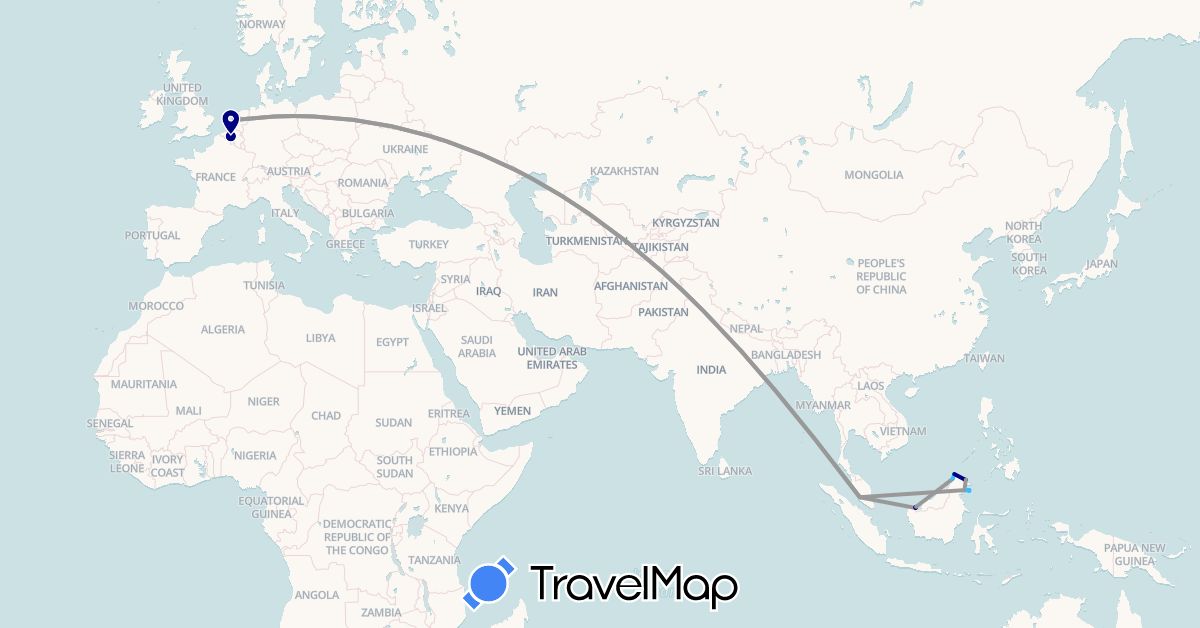 TravelMap itinerary: driving, plane, boat in Belgium, Malaysia, Netherlands (Asia, Europe)